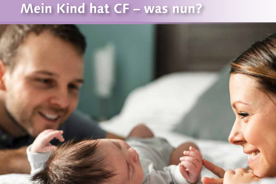 Coverausschnitt, zu sehen sind junge die ihr liegendes Baby liebevoll betrachten mit der Überschrift Mein Kind hat CF- was nun?