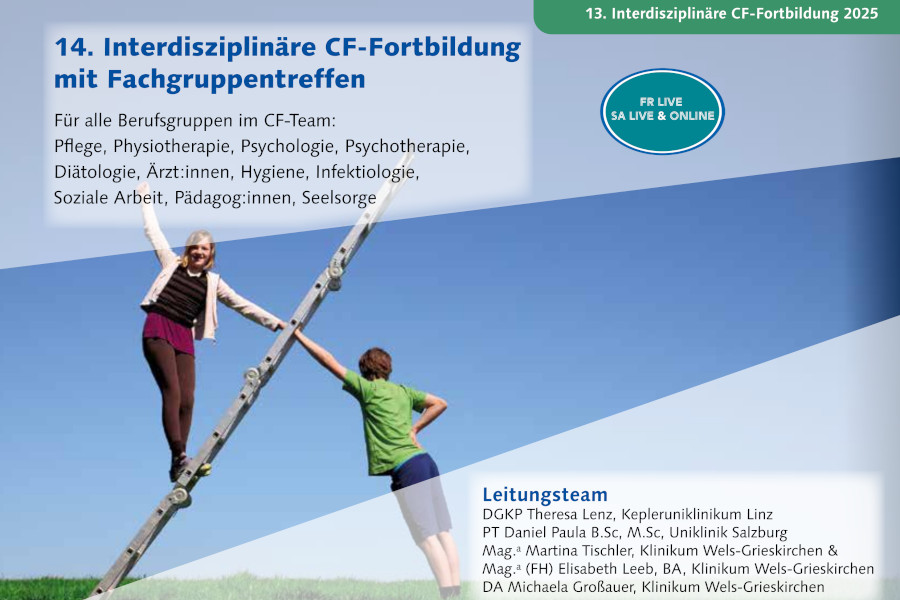 Cover 14. Interdiziplinäre CF-Fortbildung - Mäden steht auf einer Leiter, die von einem Jungen gehalten wird