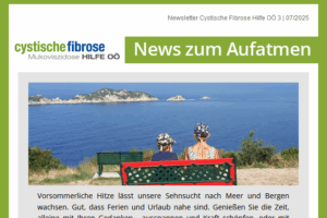 Screenshot vom ersten Stück des Newsletters, neben Text ist ein Foto von zwei Kindern, die aufs Meer schauen, zu sehen