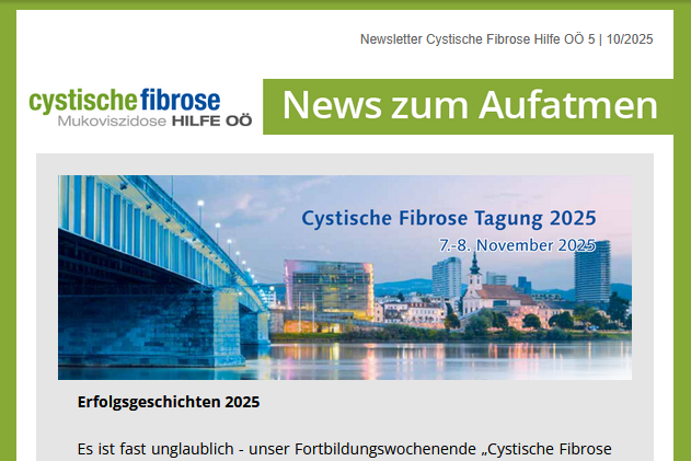 Screenshot vom ersten Teil des NL CF Hilfe OÖ Okt. 2025 mit Cover Einladung Cystische Fibrose Tagung 2025