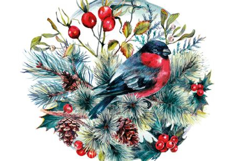 Weihnachtskarte mit kleinem Dompfaff in blumiger Weihnachtskugel