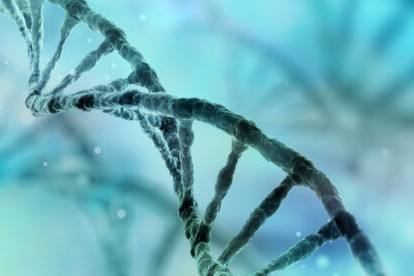 Abstrakte, vergrößerte Darstellung einer DNA-Doppelhelix in Blau- und Türkistönen vor einem unscharfen Hintergrund.