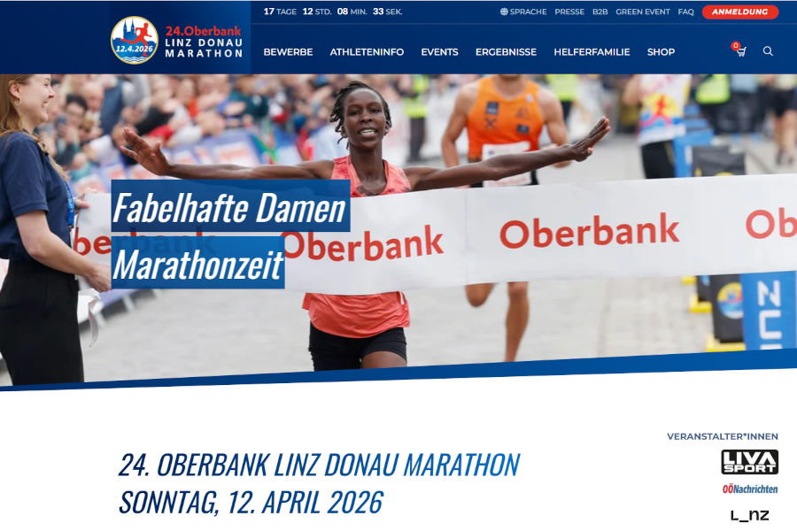 Screenshot von Website 24. Oberbank Linz Donau Marathon, Startseitenbild "Fabelhafte Damen Marathonzeit"