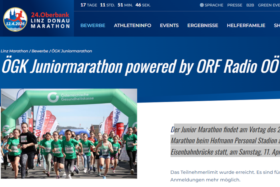Screenshot von Website 24. Oberbank Linz Donau Marathon 2026, ÖGK Juniormarathon