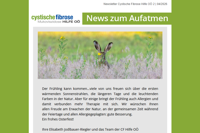 Screenshot vom Newsletter der CF Hilfe OÖ 2/2026, erschienen am 1.4.2026. Zu sehen ist als Erstes Bild ein Hase in der Wiese und der Einleitungstext.