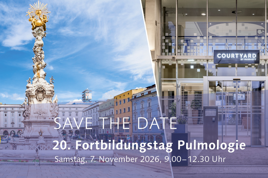 Einladungscover 20. Fortbildungstag Pulmologie mit Foto vom Linzer Hauptplatz links und Foto vom Hoteleingang Courtyard by Marriot Linz rechts