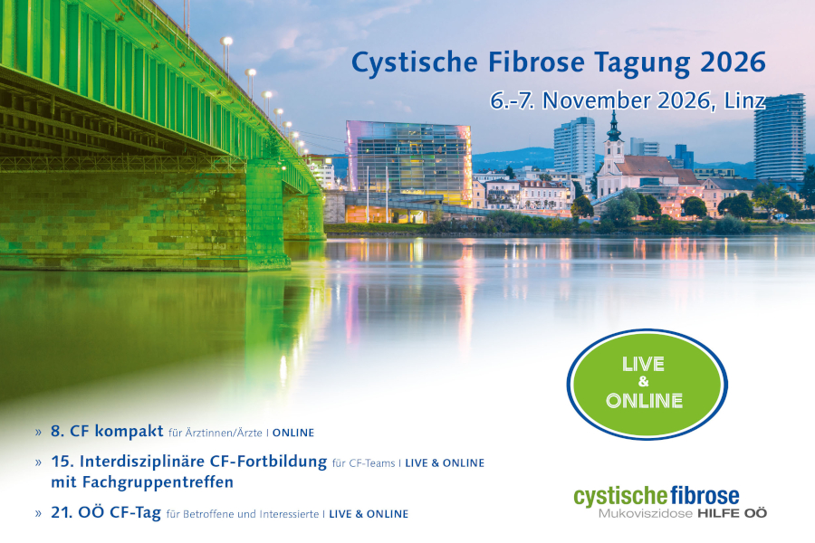 Cover derr Cystischen Fibrose Tagung der CF Hilfe OÖ 2026 mit Bild von der Nibelungenbrücke Linz Richtung Urfahr, die Brücke in grün gefärbt.