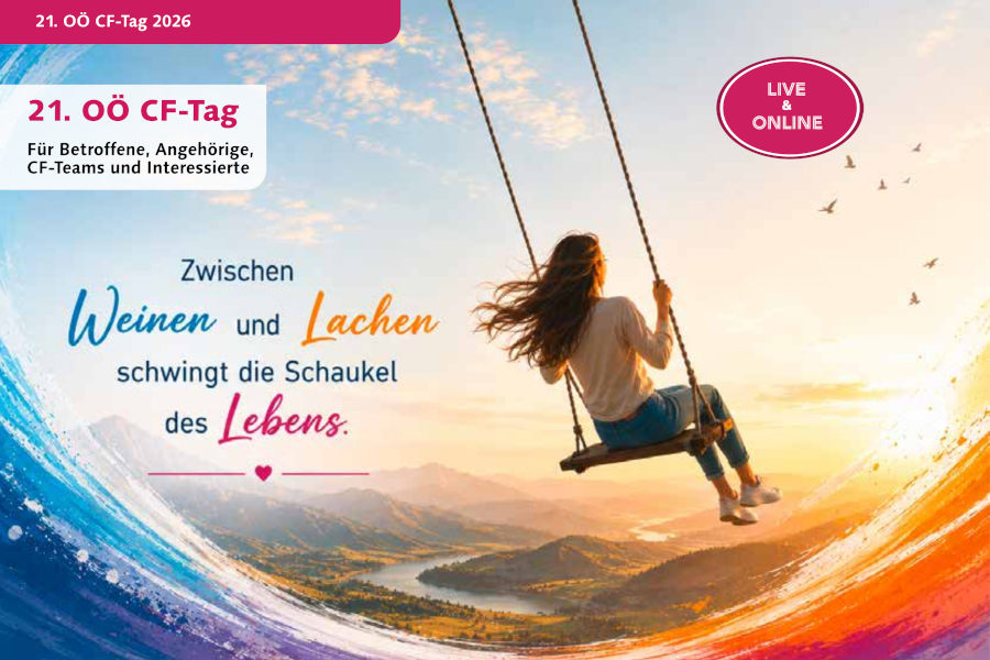 Cover 21. CF-Tag 2026. Eine Frau auf einer Schaukel über einer Landschaft.