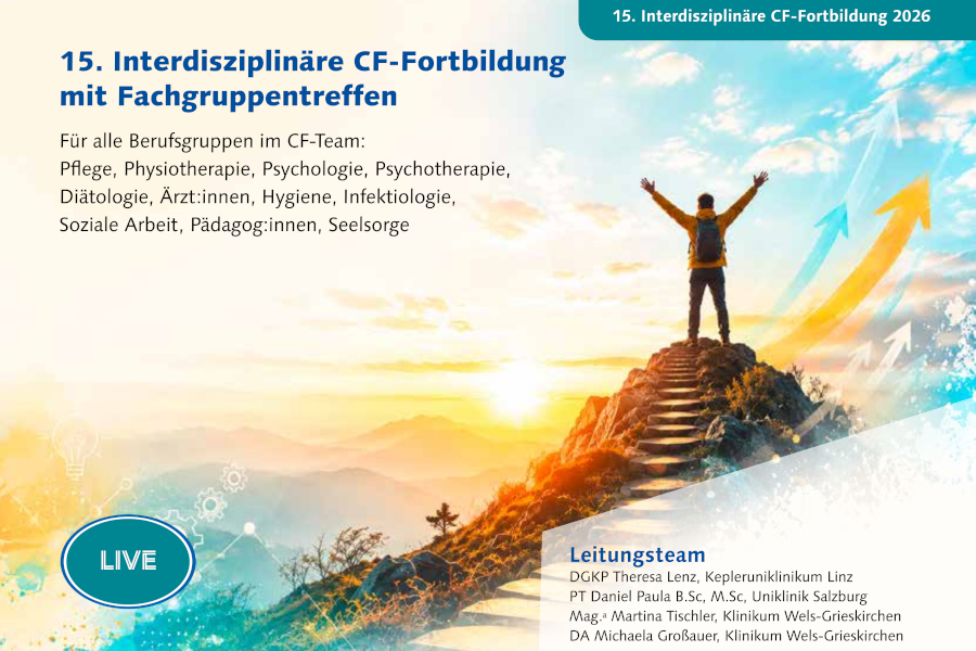 Cover 15. Interdisziplinäre CF-Fortbildung. Ein Mann mit Rucksack steht mit erhobenen Händen auf einem Berg.
