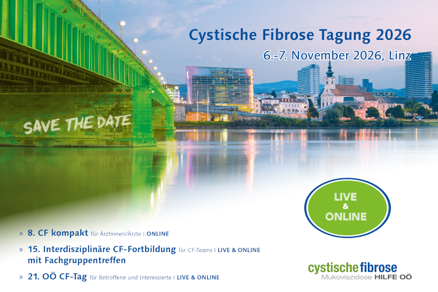 Save the Date-Cover CF-Tagung 2026, Blick auf Nibelungenbrücke Linz und Urfahr, Brücke gefärbt in grün.